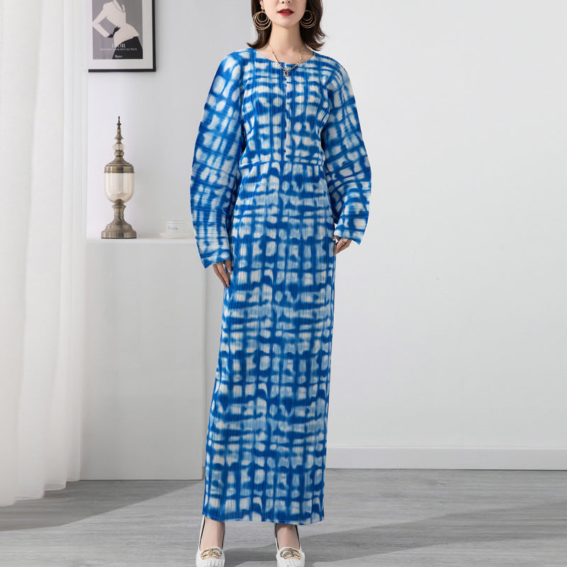 Long Dress For Women Printed Round Neck Pleated Dresses Female Trendy Festival Clothing