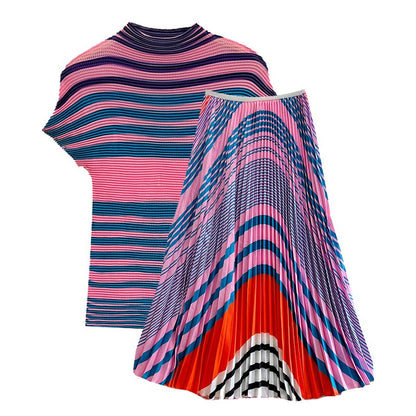 Pleated Blouse Two-Piece New Fashionable Corn Kernel Blouse+Printed Pleated Skirt Set