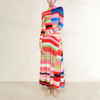 2 Pieces Set Fashion Long Sleeves Slim Tops High Waist Skirts Fashion Printed Clothing