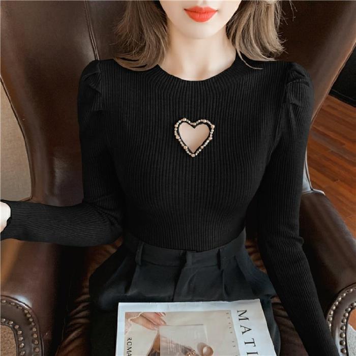 New Hollow Heart Beaded Knitted Bottom Shirt For Women