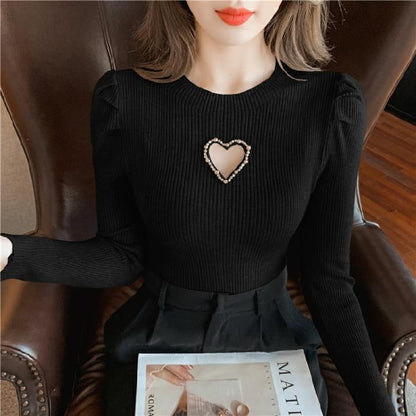 New Hollow Heart Beaded Knitted Bottom Shirt For Women