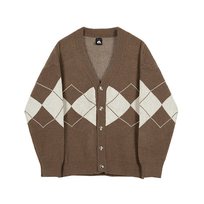 Diamond Check Color Contrast Cardigan Men's Long-sleeved Sweater