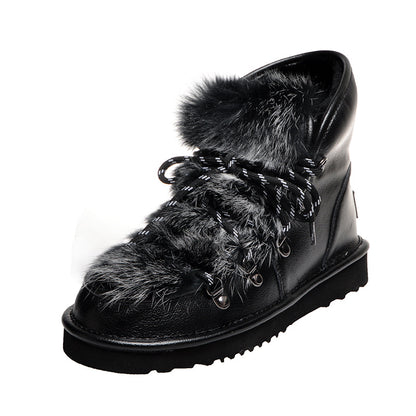 Rabbit fur lace-up snow boots
