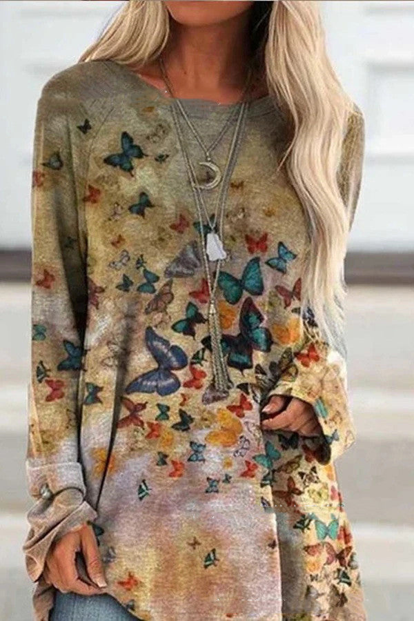 Retro butterfly print gradient long-sleeved T-shirt