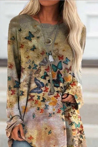 Retro butterfly print gradient long-sleeved T-shirt