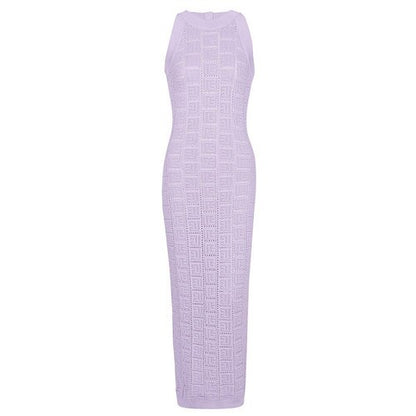 European High Quality Purple Knitted Dresses Women Luxury Designer Elegant O-neck Sleeveless Midi Summer Dress 2023