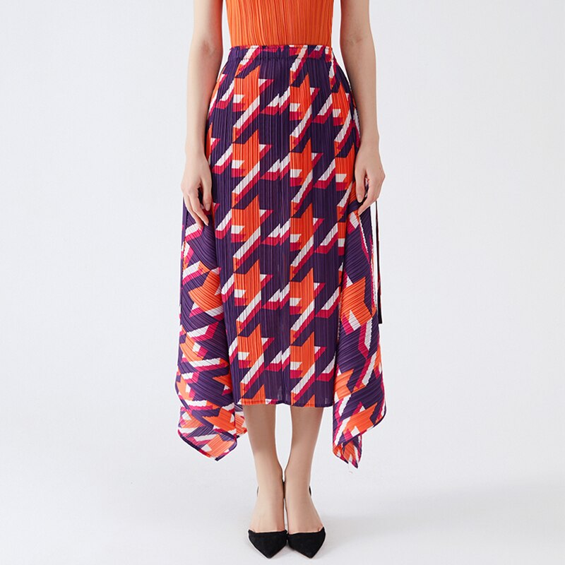 Miyake Pleated Skirts 2022 Spring Autumn Houndstooth A-line Skirt High Waist Fashion Pleated Loose Women Clothing