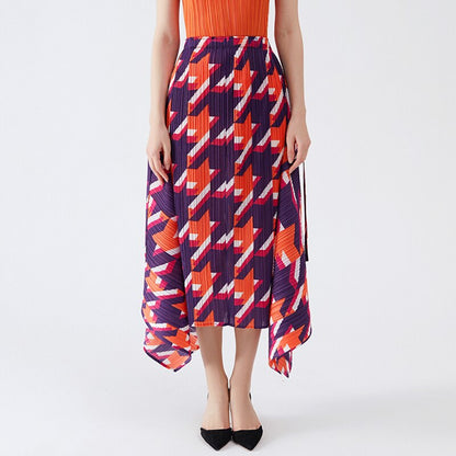 Miyake Pleated Skirts 2022 Spring Autumn Houndstooth A-line Skirt High Waist Fashion Pleated Loose Women Clothing