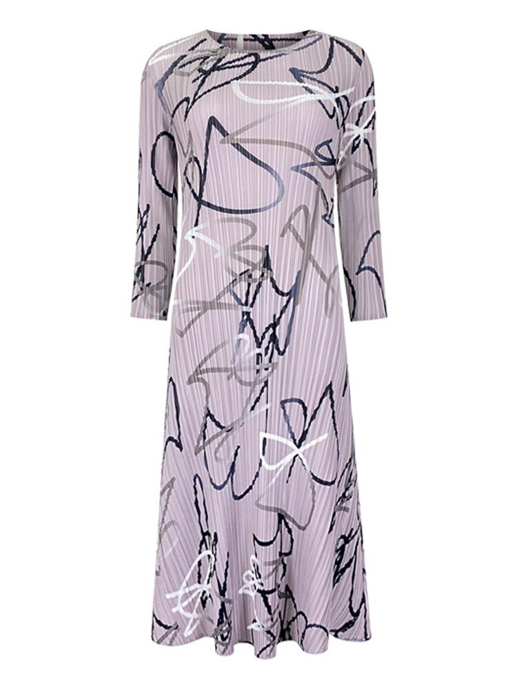 Print Fashion Pleated Elegant Lady Medium Long Round Collar Niche Design New Summer Loose A Line Casual 15KB2482