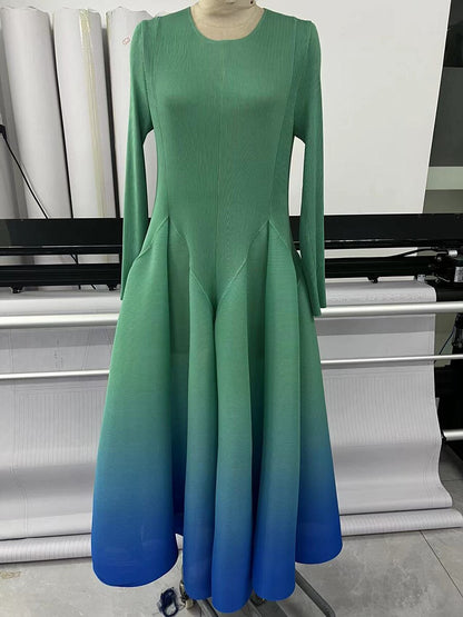 Gradient Color Miyake Pleated Fashion Dress O-Neck Full Sleeves Luxury Party Dresses for Women