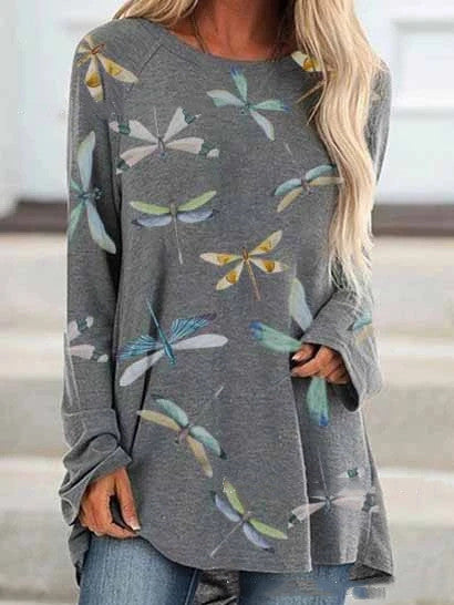 Retro butterfly print gradient long-sleeved T-shirt