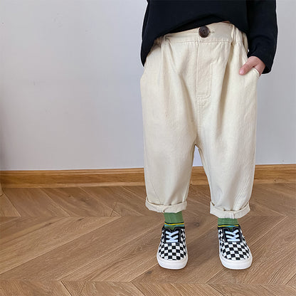 Solid-color slacks with curly sides and straight slacks
