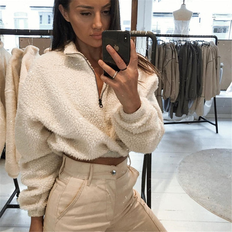 Winter Pullover Sweatshirts Women Zipper Oversized Hoodies Ladies White Turtleneck Faux Lambswool Crop Top Hoodie