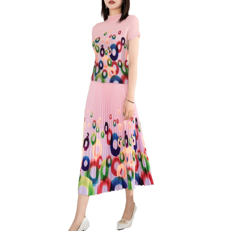 Printed pleated suit for women's pullover, elastic short sleeved top, elastic waist, loose draped half skirt
