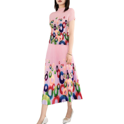 Printed pleated suit for women's pullover, elastic short sleeved top, elastic waist, loose draped half skirt