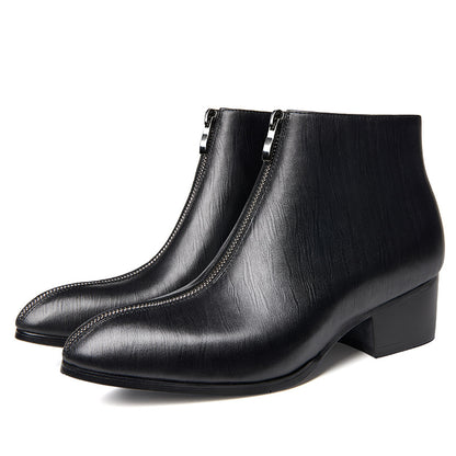 Men's Pointed Toe Leather High-Top Zipper Boots