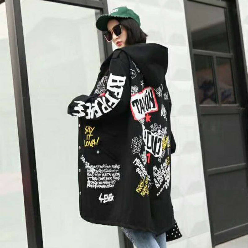 Printed hooded trench coat
