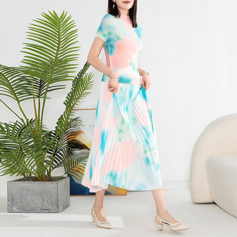 Gradient Pleated 2 Pieces Round Neck Short Sleeves Slim Tops High Waist Fold Skirts Female Clothing