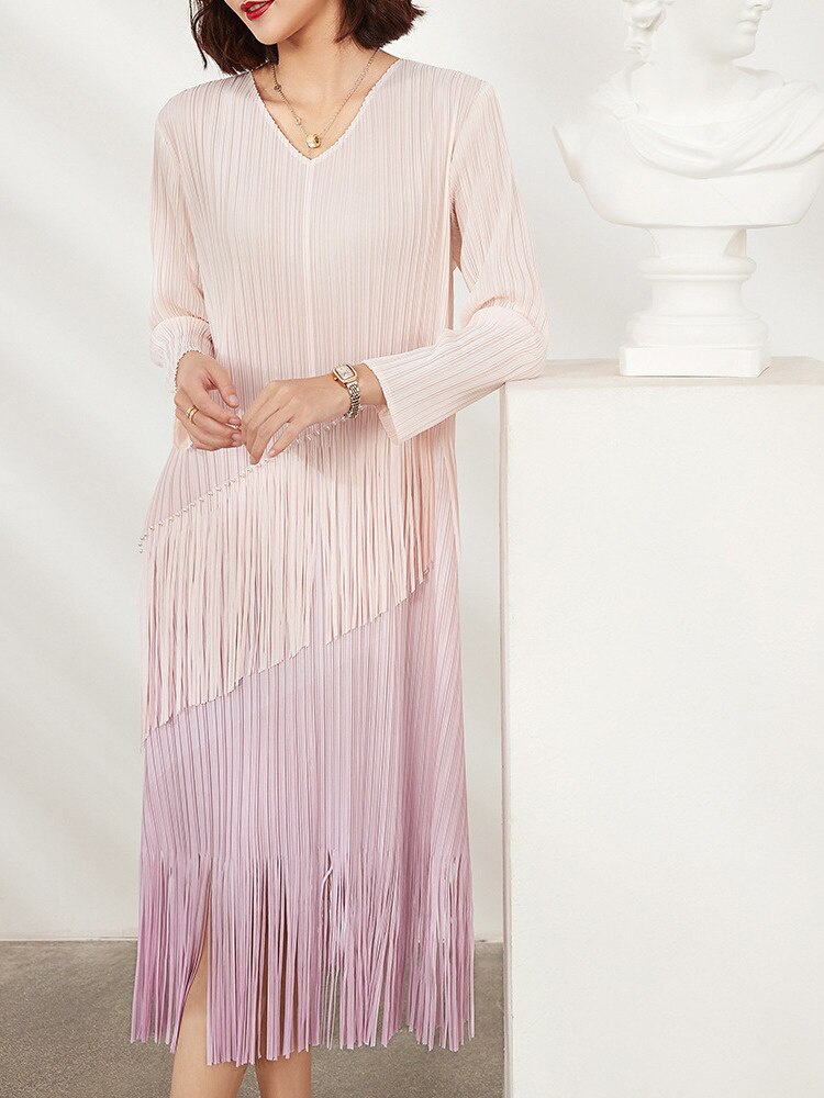 Pleated Dress For Women Gradient Color Round Collar Tassel Long Sleeve Loose  Summer Female Elegant
