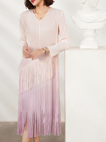 Pleated Dress For Women Gradient Color Round Collar Tassel Long Sleeve Loose  Summer Female Elegant
