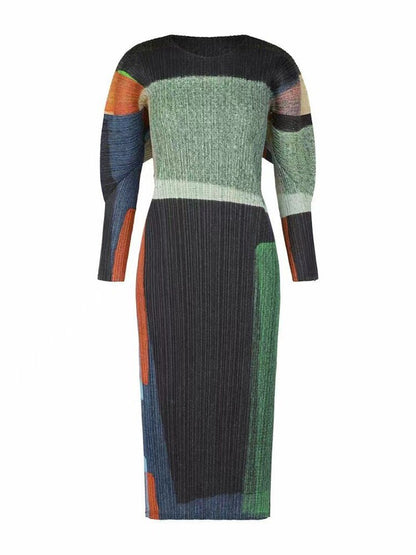 Patchwork Pleated Dress Women Color Block O-neck Loose Long Sleeve Elegant Female Fashion Clothing