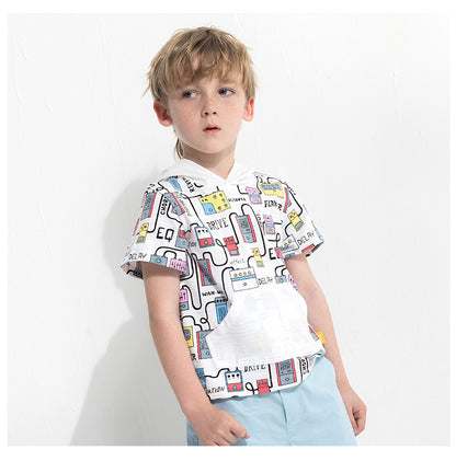 Cartoon print boy's hooded short sleeve t-shirt