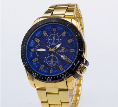 High grade fashionable steel belt, men's sports quartz watch, calendar, false three eye dial, foreign trade popular Watch
