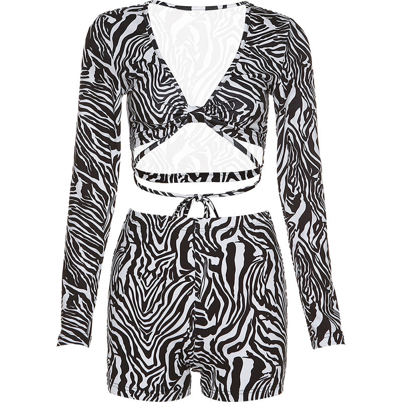 Autumn Women's New Print Low Cut Long Sleeve Slim Fit Top High waist Tight Short Set