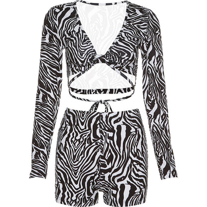 Autumn Women's New Print Low Cut Long Sleeve Slim Fit Top High waist Tight Short Set