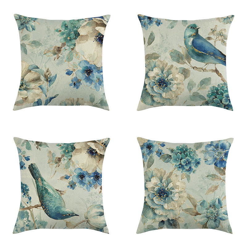 Blue style oil painting bird and flower pillow