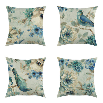 Blue style oil painting bird and flower pillow