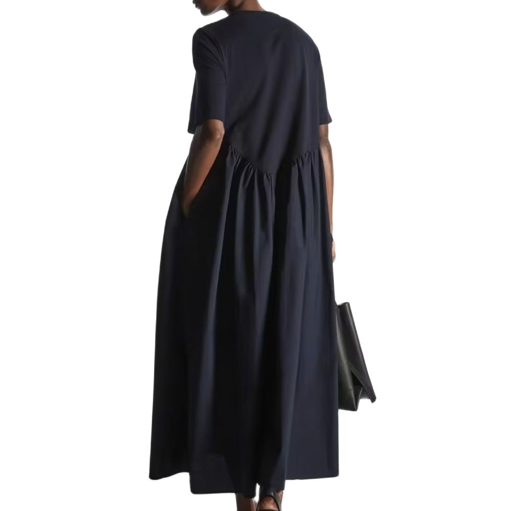 PB&ZA summer new women's fashion round neck simple style cotton knit poplin patchwork zip loose dress