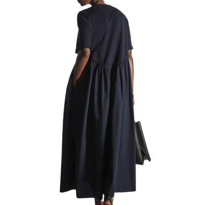 PB&ZA summer new women's fashion round neck simple style cotton knit poplin patchwork zip loose dress