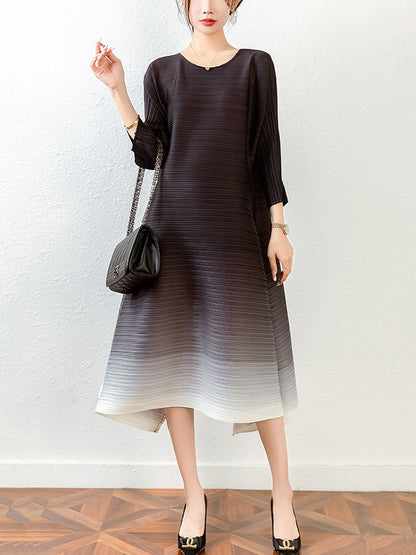 Women Pleated Dress Gradient Color O-neck Elegant Loose Waist Long Sleeve Dresses