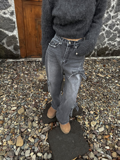 High Waist Slimming Casual Straight-leg Bow Washed Jeans Women's Pants