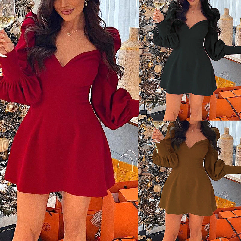 Spring And Autumn Sexy V-Neck Long Sleeved Waist And Thin Temperament All Match Princess Dress