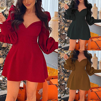 Spring And Autumn Sexy V-Neck Long Sleeved Waist And Thin Temperament All Match Princess Dress