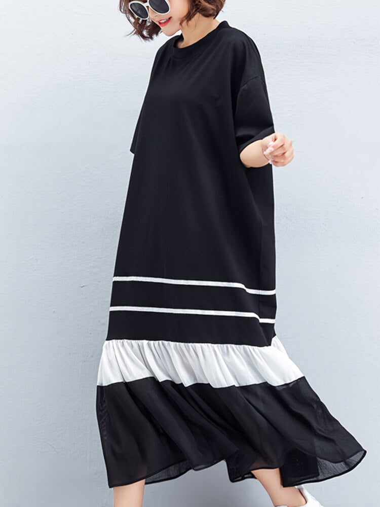 [EWQ] Women Black White T-shirt Dress Big Size Loose Short Sleeve Hem Gauze Patchwork O-neck Dresses  Summer New Tide Robe