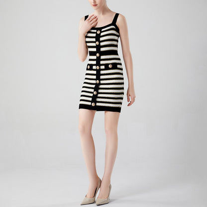 Newest Summer Black and White Contrast Color Striped Gold Shining Thread Slim Spaghetti Straps Women Knitting Sexy Dress
