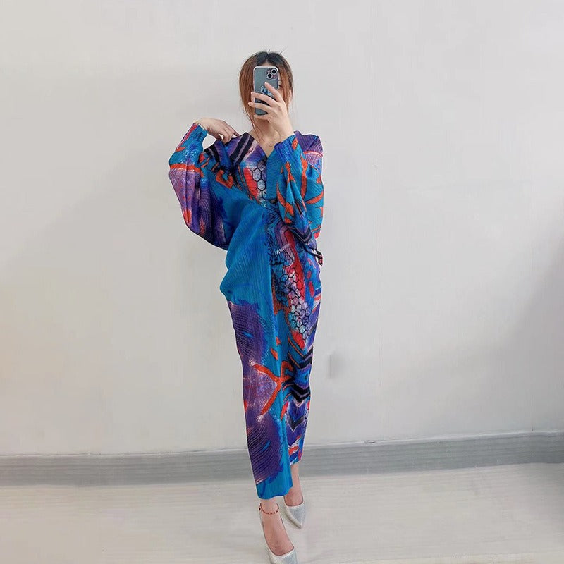 Sanzhai Pleated Summer New Bat Sleeves Loose Cover Meat Reduce Age Large Medium Length Bottom Dress
