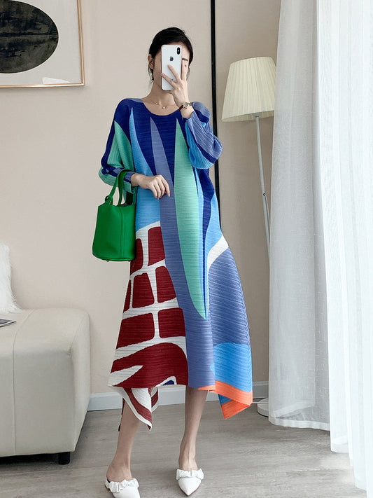 Printed Pleated Dress Women Long Sleeves Contrast Color Irregular Loose Lady Stylish Party Clothing