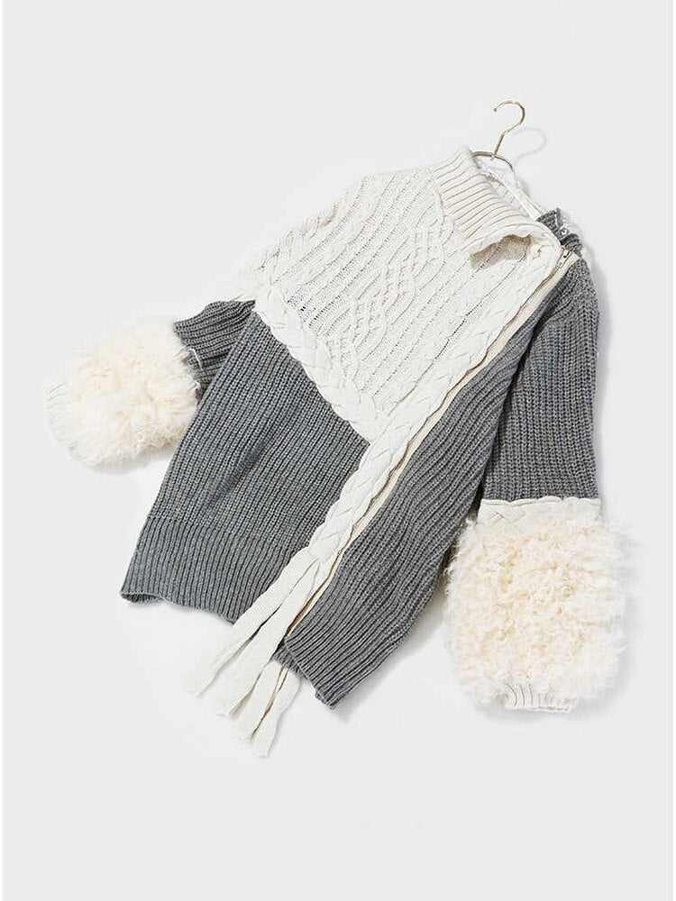 Asymmetrical Split Fur Big Size Knitting Sweater Loose Fit  Long Sleeve Women New Fashion Trend Spring Autumn