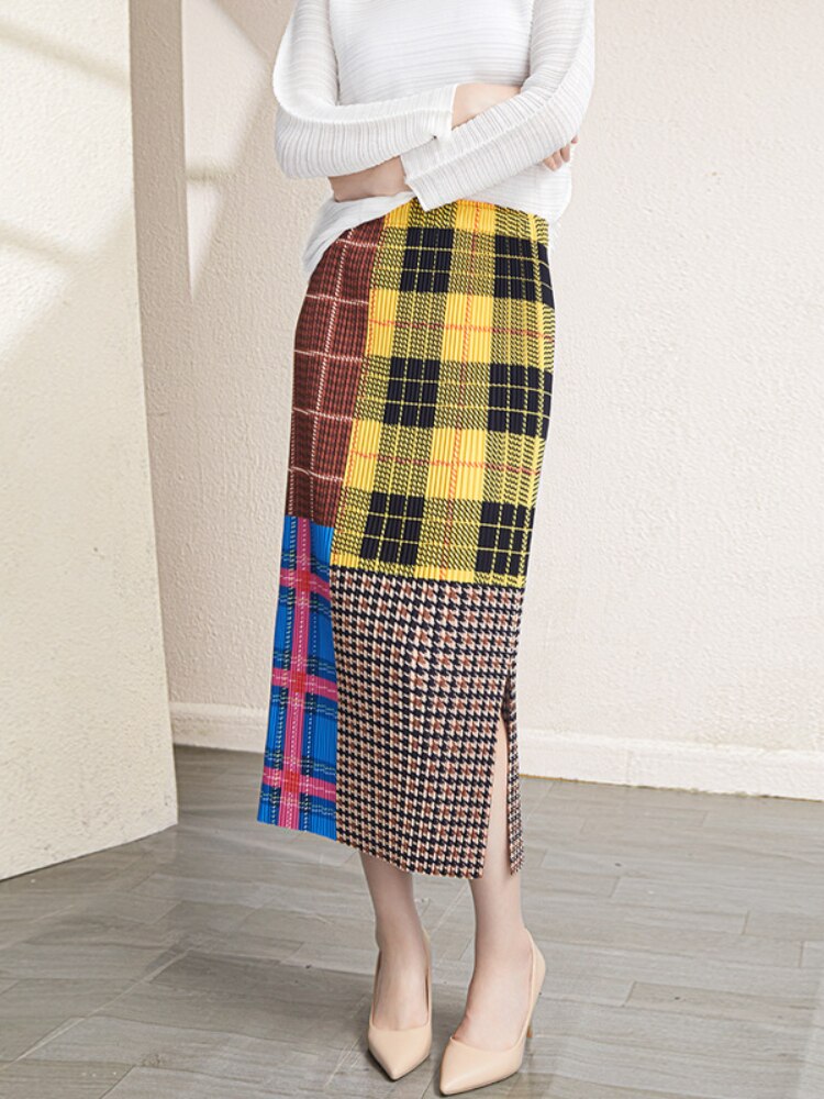 Autumn/Winter New Pleated High Quality Women Skirt Japanese Style Printing Plaid Thickening Slim Pencil Skirt Folds Pockets