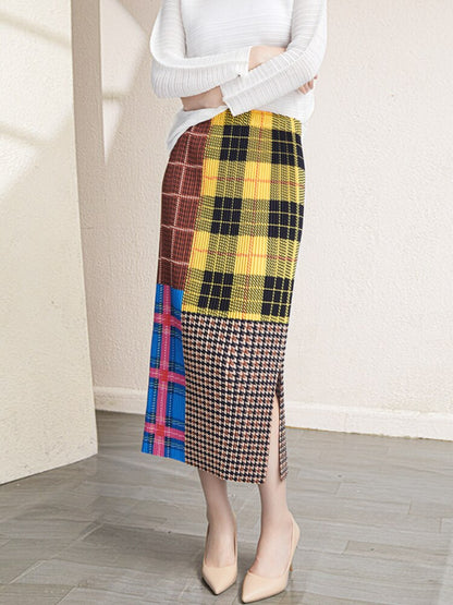 Autumn/Winter New Pleated High Quality Women Skirt Japanese Style Printing Plaid Thickening Slim Pencil Skirt Folds Pockets