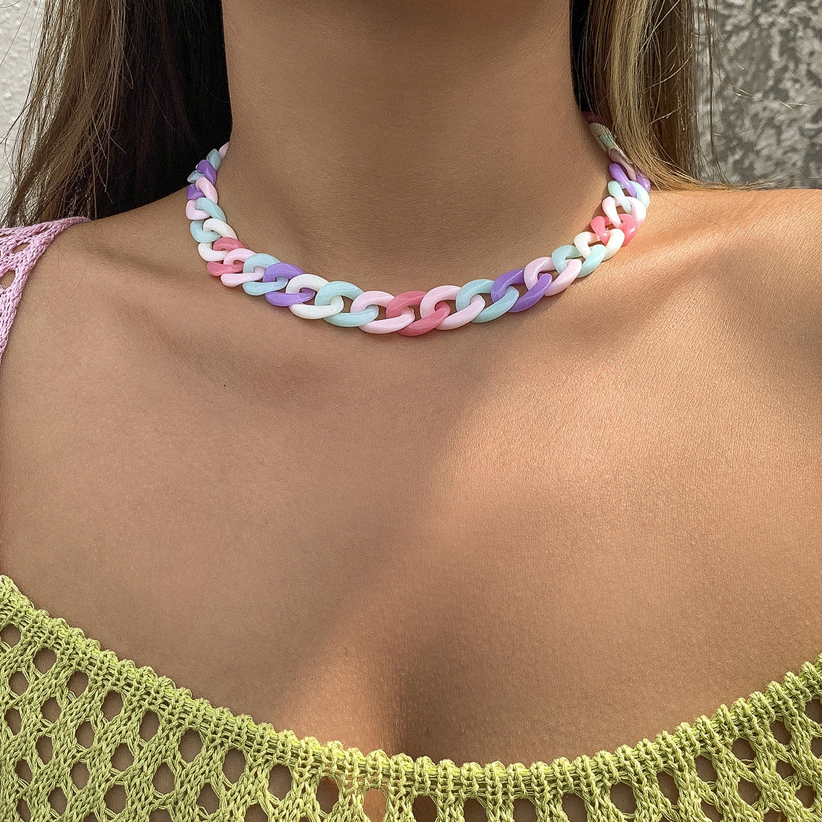 Candy Color Button Necklace Women Hollow Thick Chain Single Layer