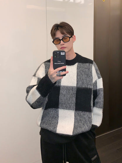 Plaid Color Contrast Crewneck Sweater Men Loose Winter Niche Fashion