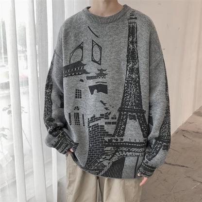 Iron Tower Printed Men's Loose Large Round Neck Sweater