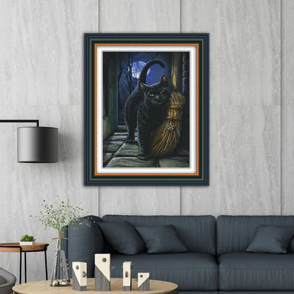 5D Diamond Painting Cat And Broom, Full Embroidery, Art,