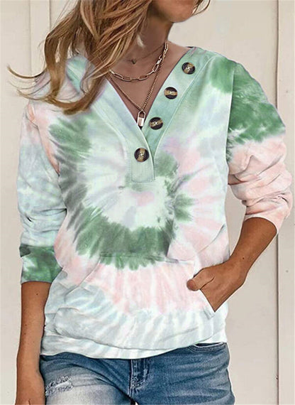 Women's Loose Tie-dyed Printed Button Long-sleeved Sweater