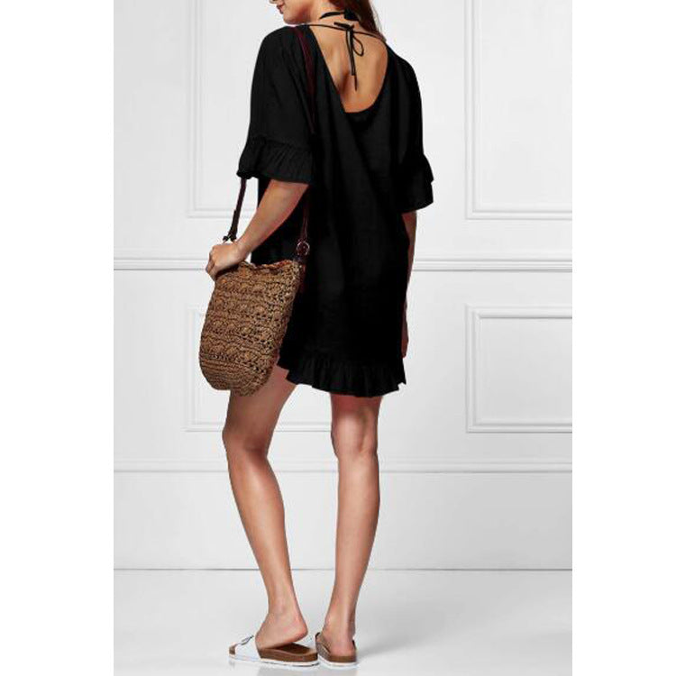 Solid Color Sun Protection Shirt Ruffled V-neck Bikini Loose Blouse